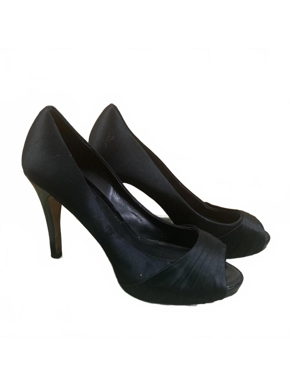 White House Black Market Black Satin Peep Toe Heels Size 8 M Leather Outsole